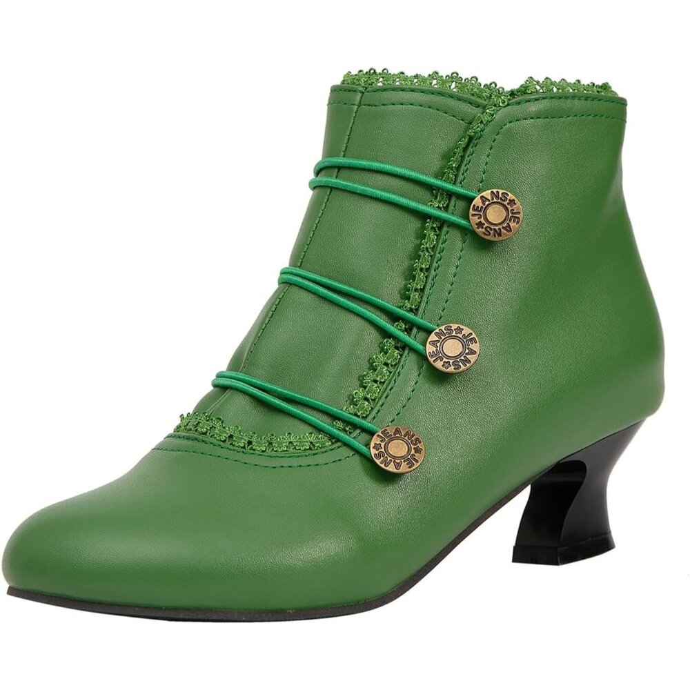 Women's Green Ankle Boots Low Heels Lace Buttons Round Toe Side Zipper